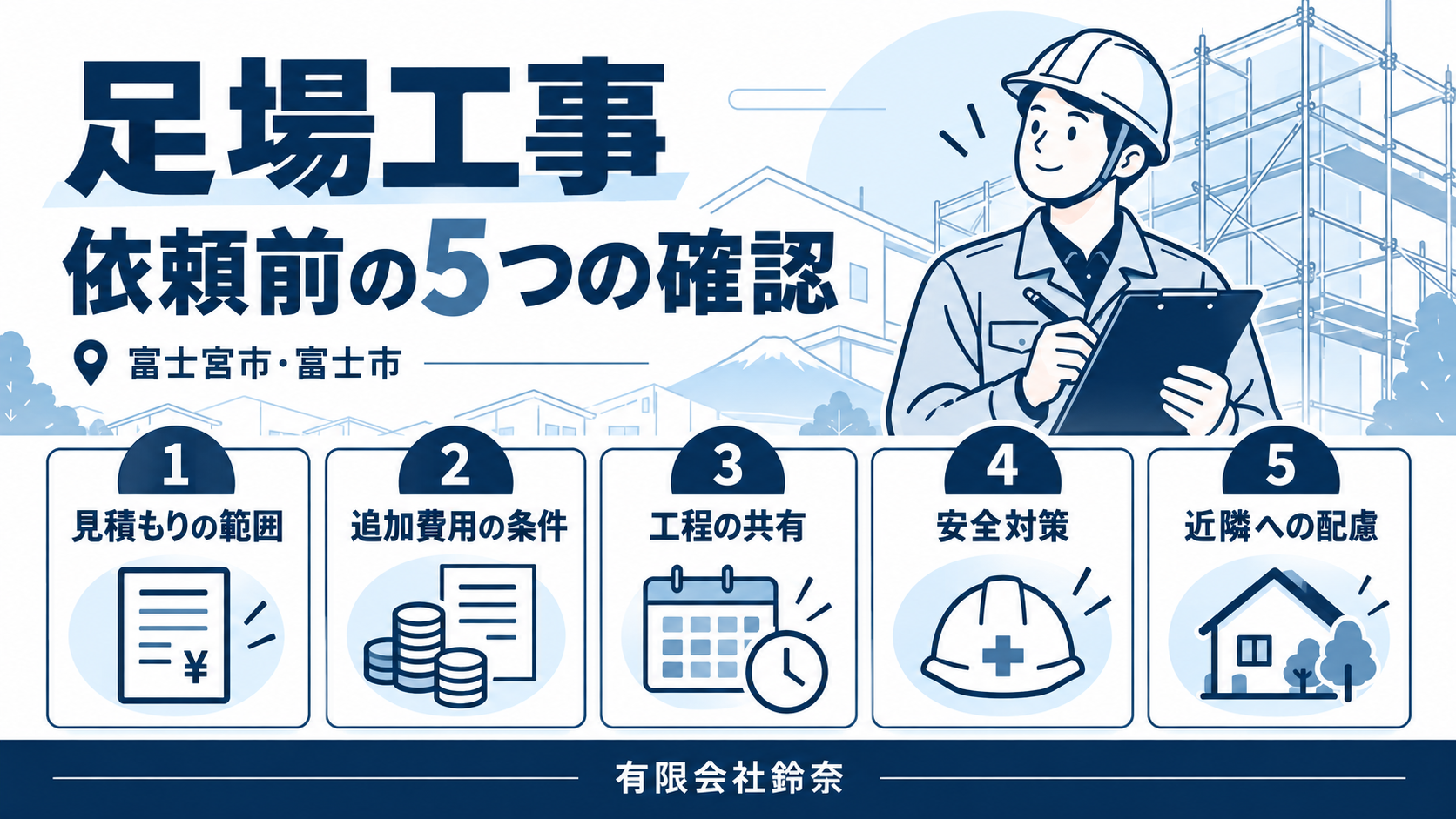足場工事を依頼する前の5つの確認：見積もりの範囲、追加費用の条件、工程の共有、安全対策、近隣への配慮